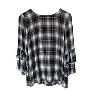 Jane and Delancey Plaid Bell Sleeve Black and White Women's Blouse, Medium